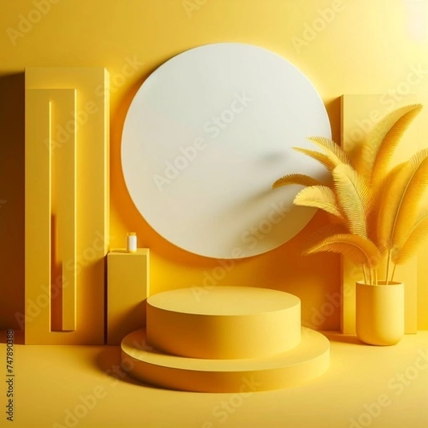 Obraz 3D rendering of an empty room with interior design or a vibrant background featuring a yellow pedestal display. The blank stand is ideal for showcasing products.