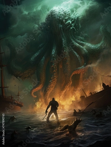 Obraz Dark fantasy scene showing Cthulhu the giant sea monster destroying ships