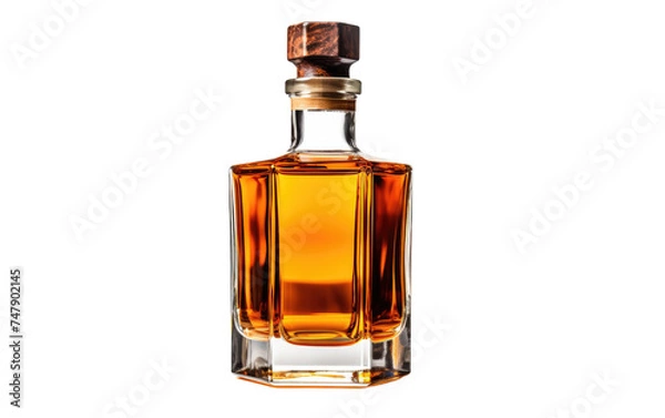 Obraz A bottle of whiskey stands upright on a plain white background. The label is visible, showing the brand and type of whiskey. The bottle is closed with a cork, with no other objects in sight.