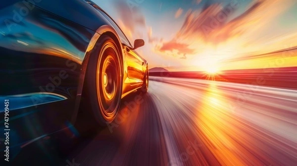 Fototapeta Dynamic image of a sports car speeding along a highway at sunset, showcasing motion and performance.