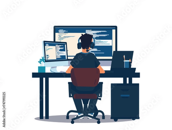 Fototapeta A man is seated at a computer desk working on a personal computer. The office chair and computer monitor are part of the furniture in the office