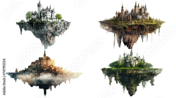 Fototapeta Collection of magical casle in floating island on transparent background