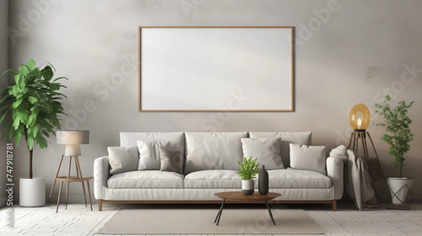 Fototapeta Ramka mockup pozioma, 3d render. Nowoczesny wystrój wnętrza. Szablon z tłem ściany we wnętrzu domu w salonie