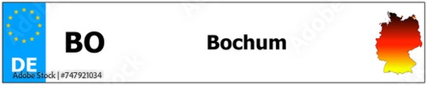 Fototapeta Bochum car licence plate sticker name and map of Germany. Vehicle registration plates frames German number