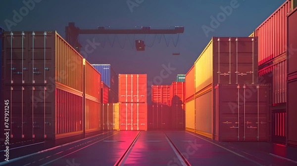 Fototapeta Nighttime Cityscape in Red and Blue with  Industrial Structures, Warehouses