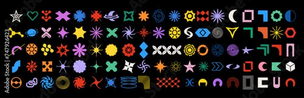 Obraz Set of geometric aesthetic shapes and collection of y2k psychedelic elements.90-2000s. Neon vibrant color. Groovy trendy design. Acid figures. Stickers patch. Elements for collage, poster, flyer, web