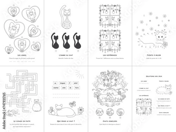 Fototapeta Set of seven games. Cats Theme. French language. Vector illustration. Set No. 3.