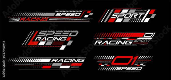 Fototapeta Racing stripes geometric lines design racing car hood sticker, dynamic arrow shapes and lines background for sporting event. racing start and finish flag. vector illustration template for motorsports