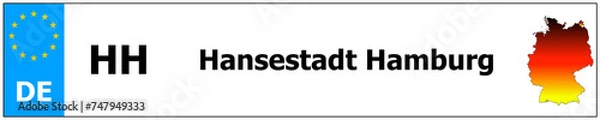 Fototapeta Hansestadt Hamburg car licence plate sticker name and map of Germany. Vehicle registration plates frames German number