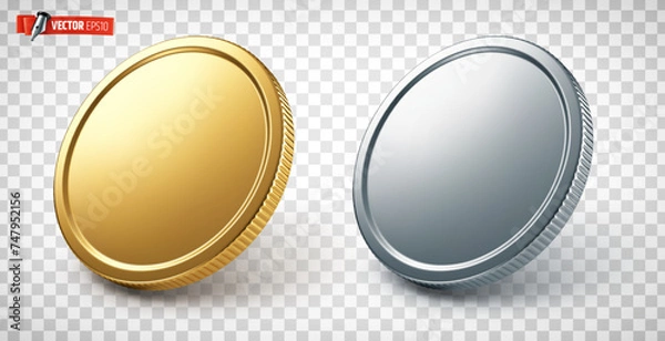 Fototapeta Vector realistic illustration of gold and silver coins on a transparent background.