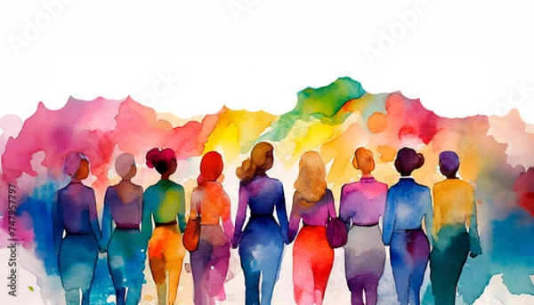 Obraz Gender equality and the female empowerment movement, multicultural and multiethnic, watercolor painting on white background