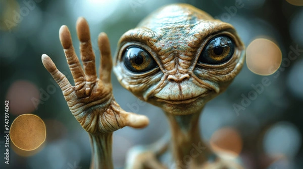 Obraz Alien with big eyes and raised hand in greeting against bokeh background.
