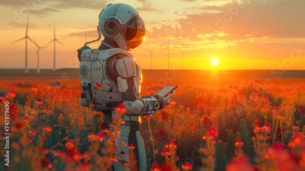Fototapeta Evoking a sense of quiet introspection, a robot uses a tablet in a blooming field against a backdrop of windmills
