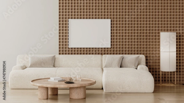 Fototapeta Horizontal frame mock up in modern living room interior with wooden wall panel and white sofa, 3d render