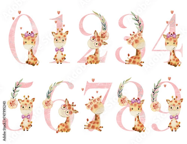 Obraz Watercolor numbers with giraffes for invitation card, nursery poster and other.