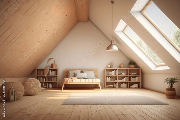 Obraz Cozy and inviting attic living room with a couch, rug, plants, artwork, and sloped ceiling. The room is decorated in a neutral color palette with white walls and light wood furniture