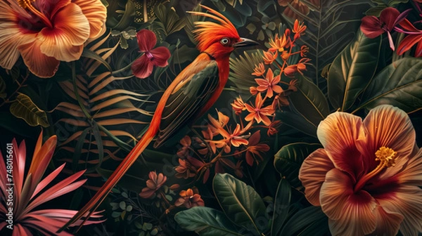 Fototapeta Paradise bird on exotic floral background, fantasy colorful illu