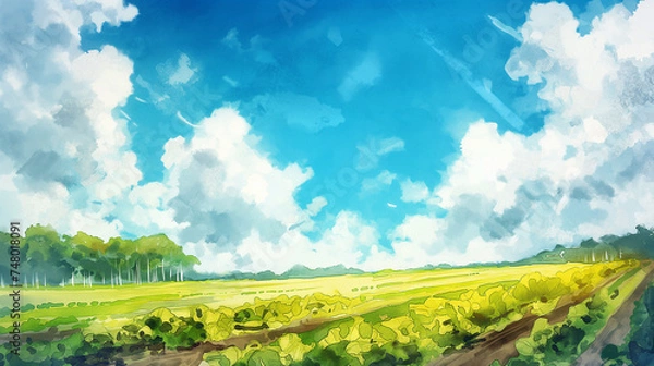 Obraz 青空と畑の水彩画