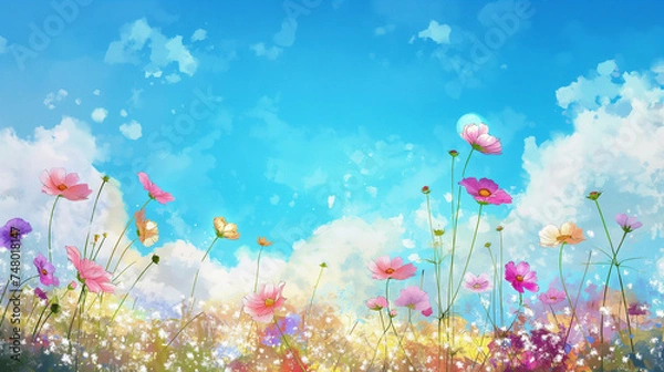 Obraz 青空とコスモス畑の水彩画
