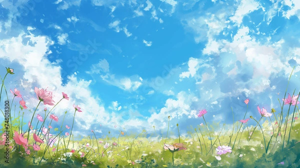 Obraz 青空とコスモス畑の水彩画