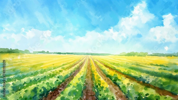 Obraz 青空と畑の水彩画