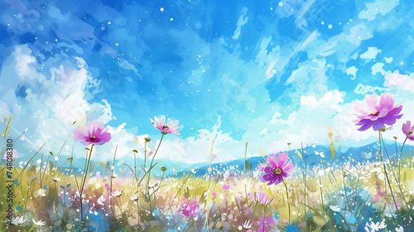 Obraz 青空とコスモス畑の水彩画