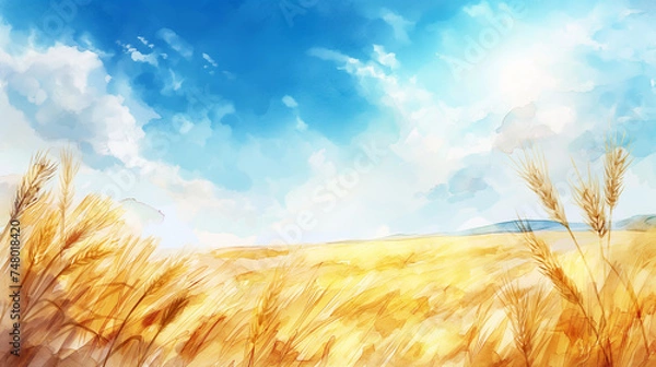 Obraz 麦畑と空の水彩画