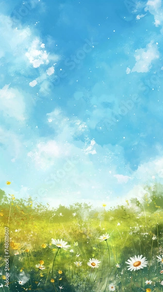 Obraz 青空とコスモス畑の水彩画