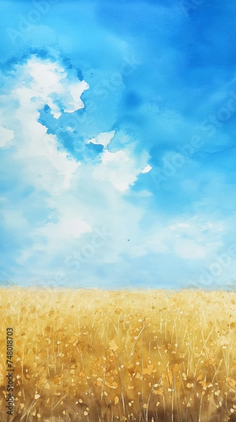 Obraz 麦畑と空の水彩画