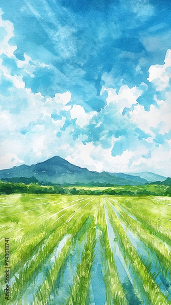 Obraz 水田と青空の水彩画