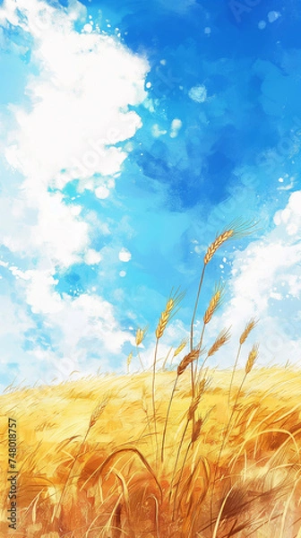 Obraz 麦畑と空の水彩画