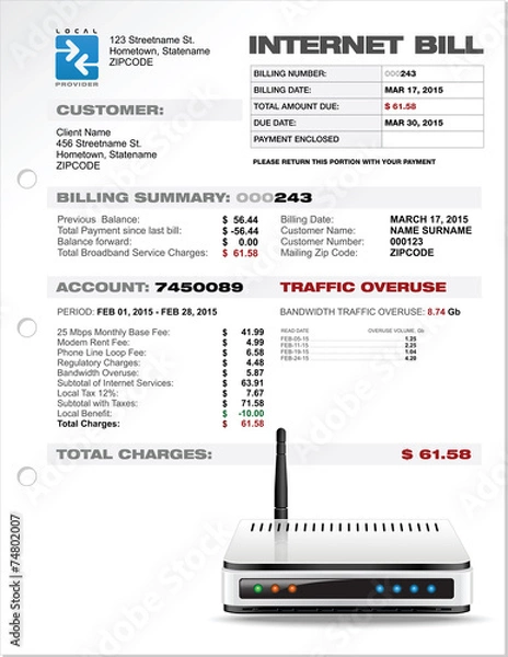 Fototapeta Internet ISP Expenses Bill Document Template with Router
