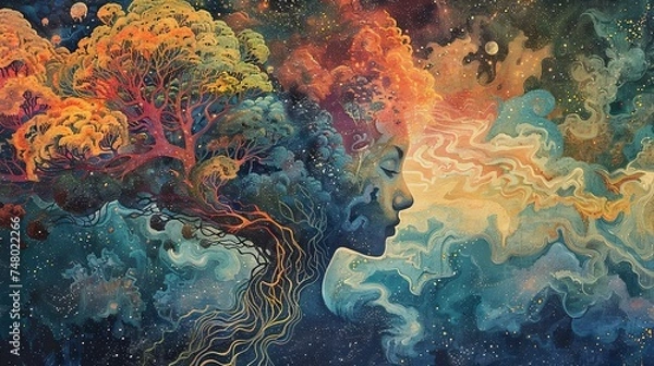Fototapeta Artistic representation of a woman profile seamlessly blending with a vibrant cosmic tree, symbolizing the unity of life and universe. psychedelic therapy.