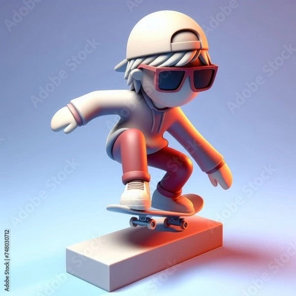 Obraz Skateboarder in a dynamic pose and glasses. Colorful Cartoon Cute 3D character.