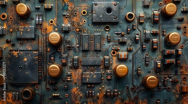 Fototapeta computer circuit board and electronic components stock photo, in the style of dark sky-blue and light orange. Generative AI.