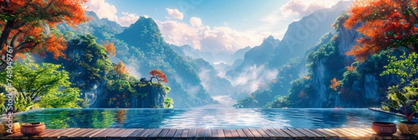Obraz Mystical River Forest, Enchanted Nature Scene with Fog and Sunlight, Fantasy Landscape