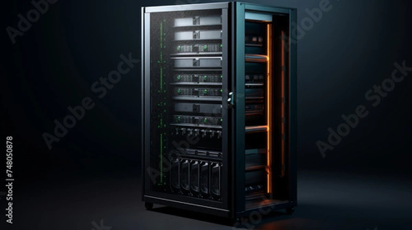 Obraz Running Server rack with orange neon lights . Isolated on dark background