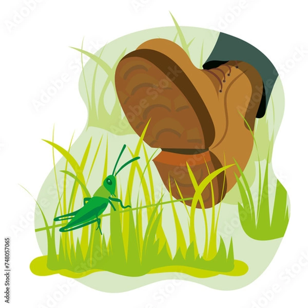 Fototapeta Illustration of a hiking boot from the insect perspective with a cricket "Please stay on the paths"