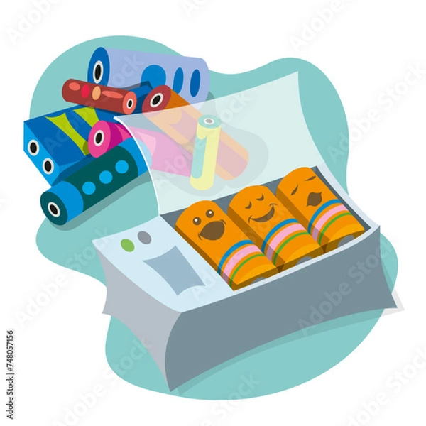 Fototapeta Cartoon illustration of a rechargeable batteries charging station with empty batteries in the background