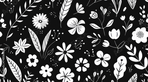 Fototapeta A Vintage Pattern of Floral and Botanical Elements in Black and White: A Pattern for Vintage Lovers