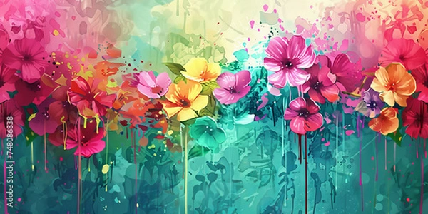 Fototapeta wallpaper design of abstract watercolor in shades of green, featuring whimsical plants and flowers