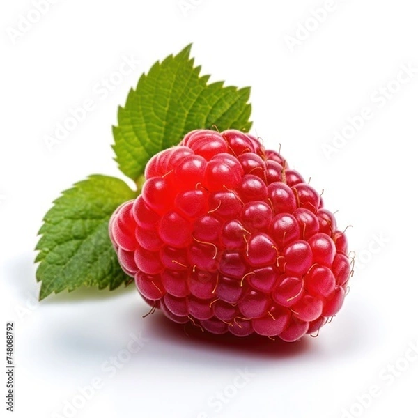 Fototapeta Raspberry cutout minimal isolated on white background. Fresh raspberry, closeup. Summertime concept for package, grocery product advertising. Realistic, icon, detailed.