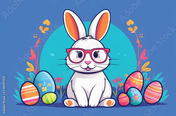 Fototapeta Easter greeting card. Cute rabbit and colored easter eggs on blue background. Bunny wearing glasses. Watercolor hand drawn style