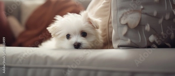 Fototapeta A small white dog with a cute expression is laying comfortably on top of a couch, peeking around the corner with curiosity. The dogs fluffy fur contrasts against the couchs fabric.