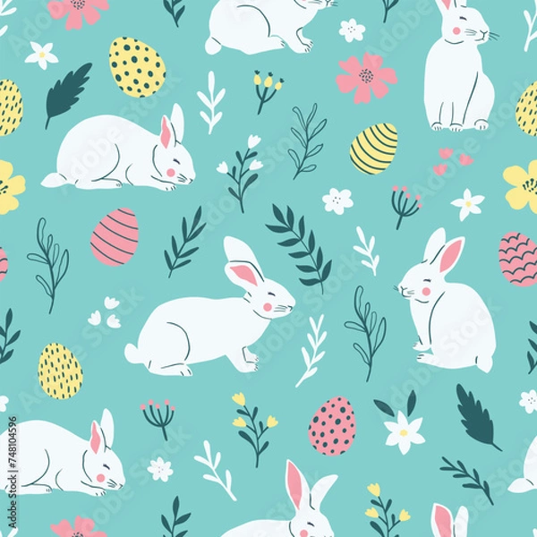 Fototapeta Easter cute seamless pattern with cute white rabbits and Easter eggs. Vector illustration.