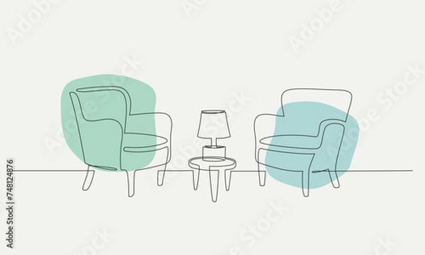Obraz One continuous line drawing of two armchairs. Interior concept Vector illustration