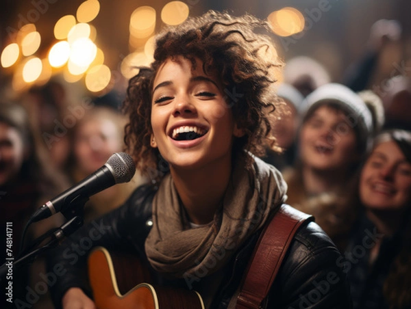 Obraz Smiling young female busker playing the acoustic guitar and singing a song for an audience listening behind her