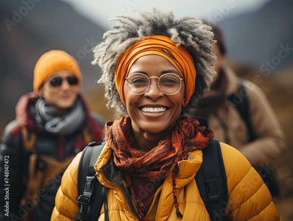 Obraz Smiling mature woman out hiking with friends in some mountains