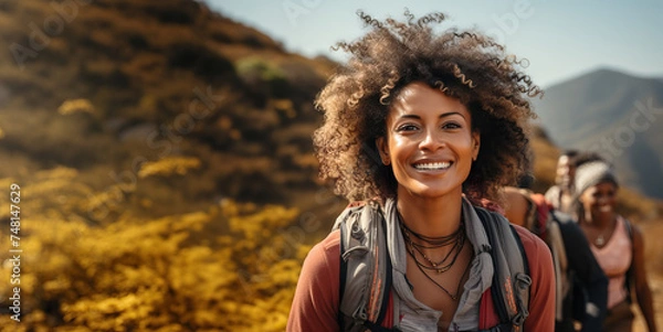 Obraz Young woman smiling during a nature hike with some friends