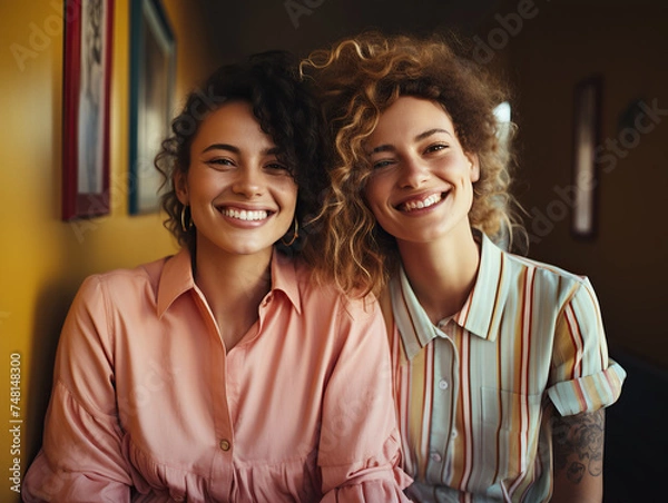 Fototapeta Young lgbtqi couple smiling while sitting together at home